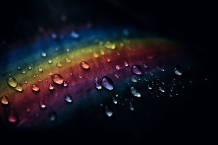 Raindrops on the petals of a rainbow on a black backgroundの素材