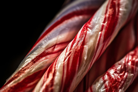Red and white striped candy canes on a black background. Close up.の素材
