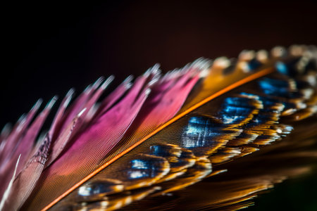 Close up of a colorful pheasant feathers on a black backgroundの素材