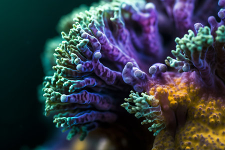 Close up of purple and yellow corals on a tropical coral reefの素材
