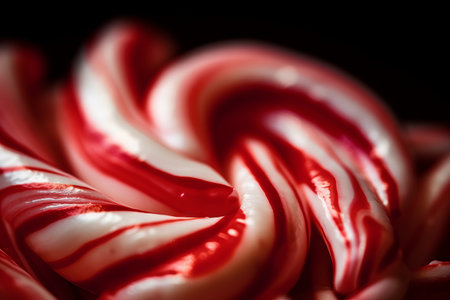 Close up of red and white peppermint candy canes on black backgroundの素材