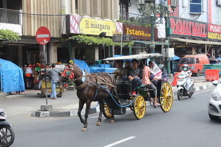 Delman (A Traditional Horse Carriage transportation in Indonesia) at Malioboro, Yogyakarta, Indonesiaのeditorial素材