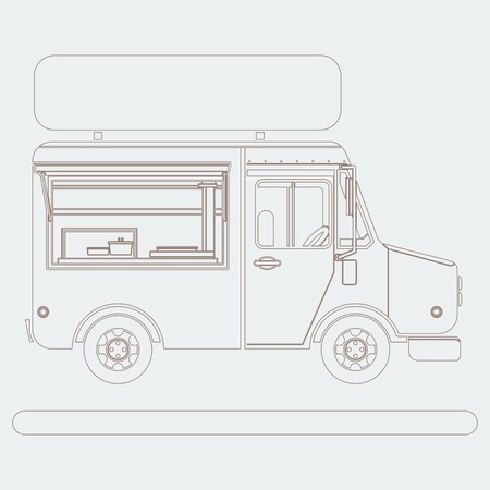 Editable Side View Mobile Food Truck Vector Illustration with Sign Board in Outline Styleのイラスト素材