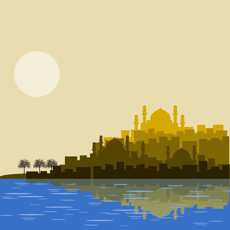 Editable Islamic Arabian City Silhouette Vector Illustration with Date Palm Trees and Lake or Seaのイラスト素材