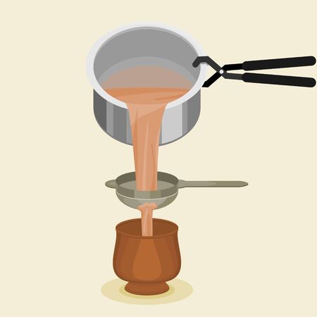 Editable Pouring and Filtering Indian Masala Chai into Pottery Cup Vector Illustrationのイラスト素材