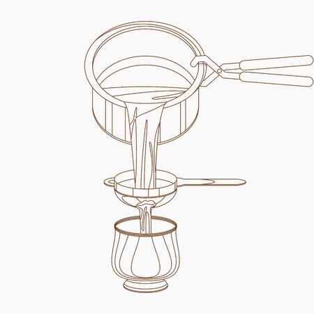 Editable Pouring and Filtering Indian Masala Chai into Pottery Cup Vector Illustration in Outline Styleのイラスト素材
