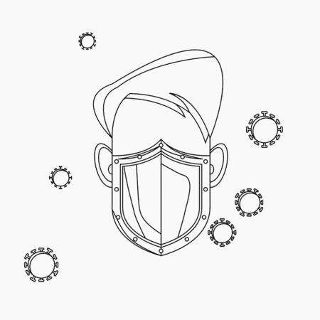 Editable Isolated Vector Illustration of a Male Character Using Mask as Shield from Viruses in Outline Styleのイラスト素材
