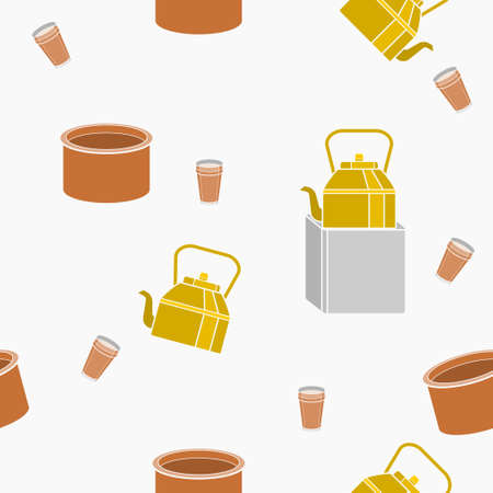 Editable Masala Chai with Its Brewing Equipment Vector Illustration Seamless Patternのイラスト素材