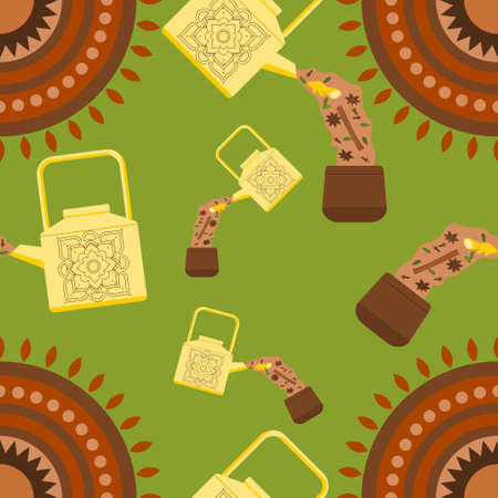 Editable Vector Illustration Seamless Pattern of Side View Pouring Masala Chai and Its Ingredients from Patterned Metal Kettle into Pottery Cup with Indian Circle Motifのイラスト素材