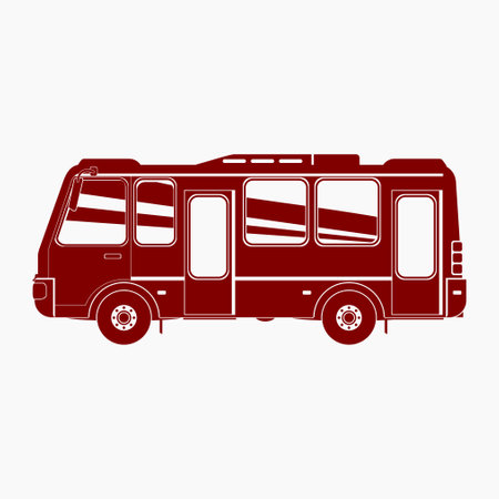 Editable Isolated Side View Maroon Red Bus Vector Illustration in Flat Monochrome Style for Additional Element of Transportation and Tourism Travel Related Purposesのイラスト素材