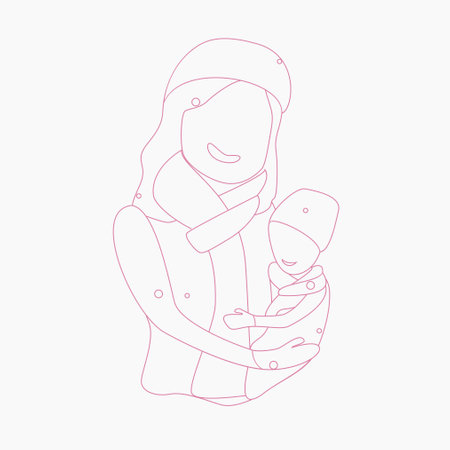 Editable Outline Style Oblique View of Woman Carrying a Child on Winter Season Vector Illustration for Artwork Element of Mother's Day or Womanhood Related Designのイラスト素材