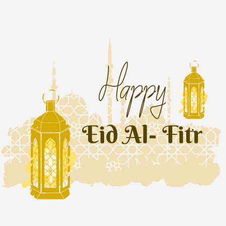 Editable Brush Strokes Style Arabian Lantern in Front of Geometric Patterned Mosque Silhouette for Eid Al-Fitr Illustrationのイラスト素材
