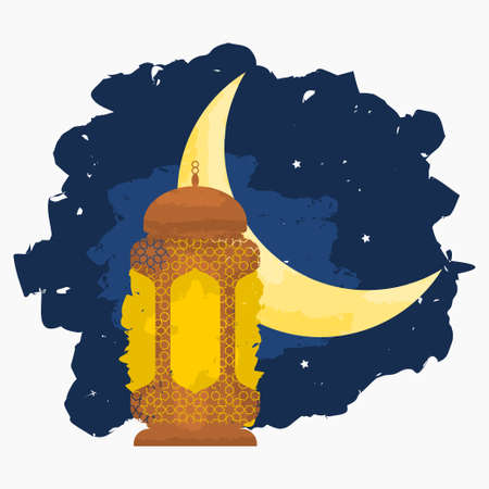 Editable Standing Arabian Lantern and Crescent Moon on Night Scene Sky Vector Illustration With Brush Strokes Style for Artwork Element of Ramadan Kareem or Eid Mubarak Design Conceptのイラスト素材