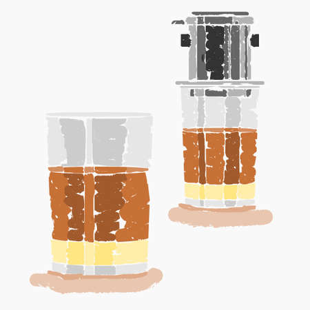 Editable Isolated Brush Strokes Style Vietnam Drip Coffee Brewing With Two Glass Mug Vector Illustration for Artwork Element of Cafe With Vietnamese Culture and Tradition Related Designのイラスト素材