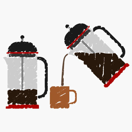 Editable Brush Strokes Style French Press Coffee Maker in Stand and Pouring into Mug Positions Vector Illustration for Cafe or Business Product Related Design Elementsのイラスト素材