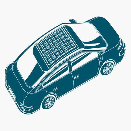 Editable Flat Monochrome Style Three-Quarter Top Oblique Side Back View Electric Car With Solar Panel Vector Illustration for Futuristic Eco-friendly Vehicle and Green Life or Renewable Energy Designのイラスト素材