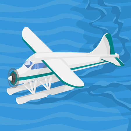Editable Aerial Three-Quarter Oblique Front View Pontoon Floating Plane on a Wavy Lake Vector Illustration for Transportation or Recreation Related Designのイラスト素材