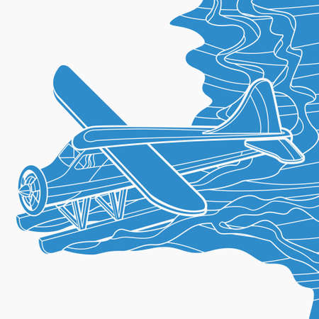 Editable Aerial Three-Quarter Oblique Front View Pontoon Floating Plane on a Wavy Lake Vector Illustration in Flat Monochrome Style for Transportation or Recreation Related Designのイラスト素材