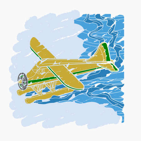 Editable Aerial Three-Quarter Oblique Front View Pontoon Floating Plane on a Wavy Lake Vector Illustration in Brush Strokes Style for Transportation or Recreation Related Designのイラスト素材