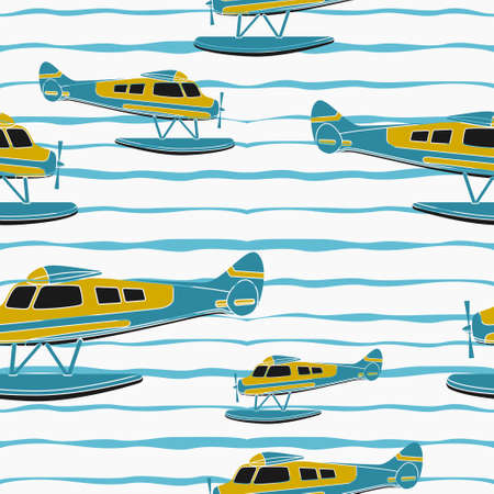 Editable Side View Pontoon Floating Plane Flying Over a Wavy Lake Vector Illustration as Seamless Pattern for Creating Background of Transportation or Recreation Related Designのイラスト素材