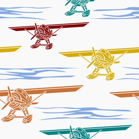 Editable Front Semi Oblique View Pontoon Floating Plane on a Water Vector Illustration as Seamless...