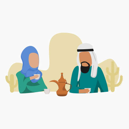 Editable Arab Couple Having Arabic Coffee Vector Illustration With Dallah Pot and Finjan Cups for Islamic Moments or Arabian Culture Cafe Related Designのイラスト素材