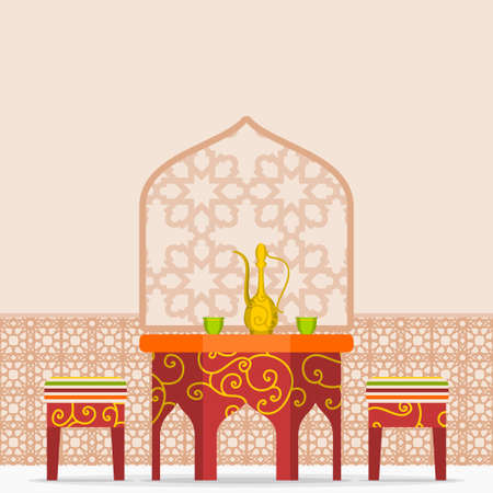 Editable Typical Patterned Arabic Coffee Shop Interior Vector Illustration With Dallah Pot and Finjan Cups on Table for Islamic Moments or Arabian Culture Cafe Related Designのイラスト素材