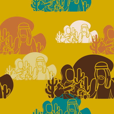 Editable Arab Lady Pouring Coffee From Dallah Pot into Finjan Cup for Husband Vector Illustration as Seamless Pattern for Creating Background of Islamic Moments or Arabian Culture Cafe Related Designのイラスト素材