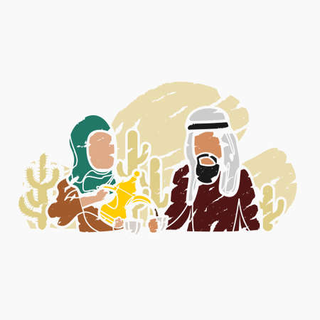 Editable Brush Strokes Style Arab Lady Pouring Arabic Coffee From Dallah Pot into Finjan Cup for Her Husband Vector Illustration for Islamic Moments or Arabian Culture Cafe and Family Related Designのイラスト素材