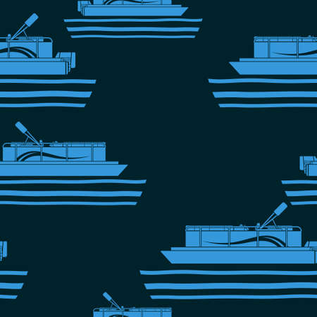 Editable Side View Flat Monochrome Pontoon Boat on Calm Water Vector Illustration With Dark Background as Seamless Pattern for Creating Background of Transportation or Recreation Related Designのイラスト素材