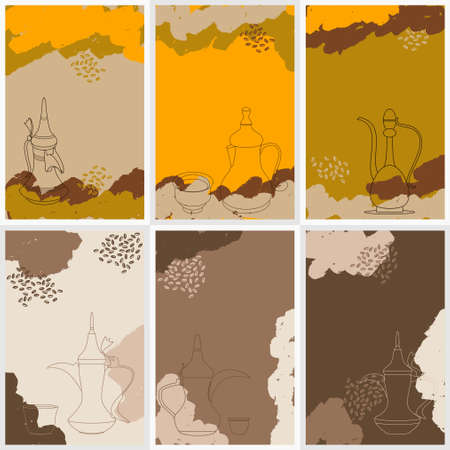 Editable Abstract Creative Backgrounds Set With Outline Style Traditional Arabic Coffee Vector Illustration Icons for Poster Template of Cafe and Middle Eastern Culture Related Projectのイラスト素材
