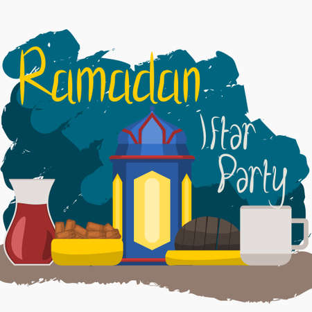 Editable Side View Dates Fruit, Sliced Bread, Turkish Tea and Coffee With Arab Lantern Vector Illustration for Ramadan Iftar Party Poster or Cafe With Middle Eastern Culture Design Conceptのイラスト素材