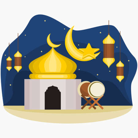 Editable Mosque with Hanging Arab Lanterns, Traditional Drum, Crescent Moon and Stars on Night Scene Vector Illustration for Eid Fitr Mubarak and Islamic Moments Design Conceptのイラスト素材
