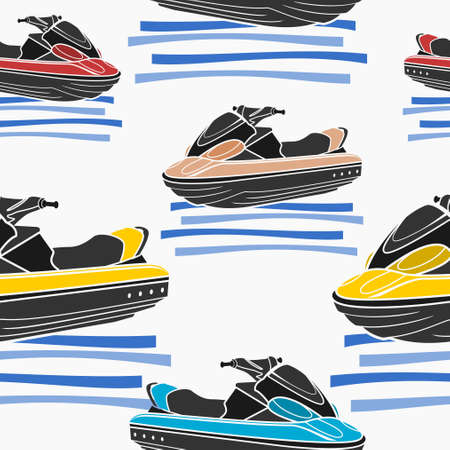 Editable Front Oblique View Personal Watercraft or Water Scooter in Various Colors on Calm Water Vector Illustration as Seamless Pattern for Creating Background of Transportation or Recreation Relatedのイラスト素材