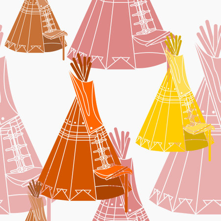 Editable Vector of Flat Monochrome Oblique View Native American Tent Illustration in Various Colors as Seamless Pattern for Creating Background of Traditional Culture and Historyのイラスト素材