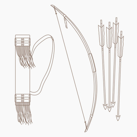 Editable Isolated Native American Archery Tools Vector Illustration in Outline Style for Traditional...