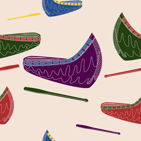 Editable Vector of Oblique View Native American Canoe With Paddle Illustration in Various Colors as Seamless Pattern for Creating Background of Traditional Culture and Historyのイラスト素材