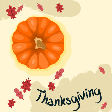 Editable Pumpkin Vector Illustration with Foliage and Manual Lettering on Brush Strokes for Thanksgiving Greeting Designのイラスト素材