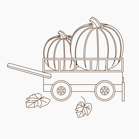 Editable Side View Pumpkins in Cart Vector Illustration with Foliage in Outline Style for Thanksgiving Greeting Designのイラスト素材