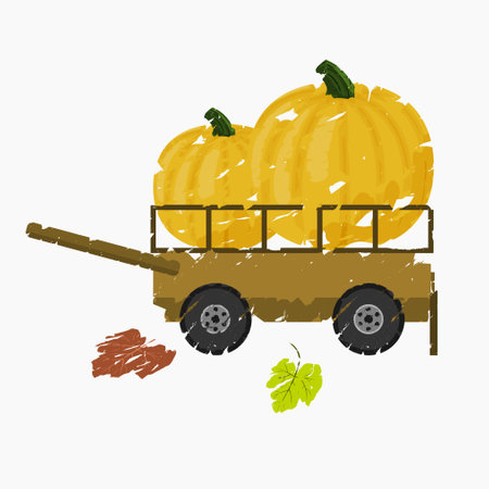 Editable Side View Pumpkins in Cart Vector Illustration with Foliage in Brush Strokes Style for Thanksgiving Greeting Designのイラスト素材