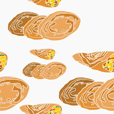 Editable Top Side View Classic Open And Rolled Indian Masala Dosa With Potato Fill Vector Illustration Seamless Pattern for Background of South Asian Cuisine Culture Related Designのイラスト素材