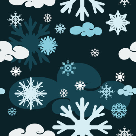 Editable Seamless Pattern Vector of Winter Snowflakes and Clouds With Dark Background for Decorative Element of Nature and Season Related Designのイラスト素材