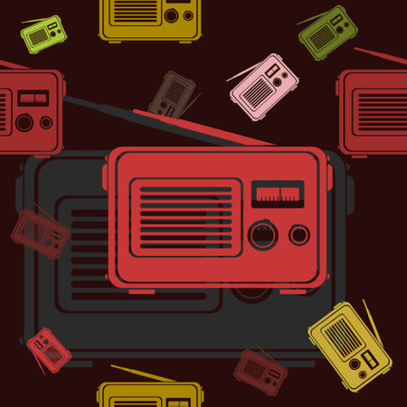 Editable Flat Monochrome Old Classic Vintage Radios Vector Illustration in Various Color as Seamless Pattern With Dark Background for Information Technology or Electronic Designのイラスト素材