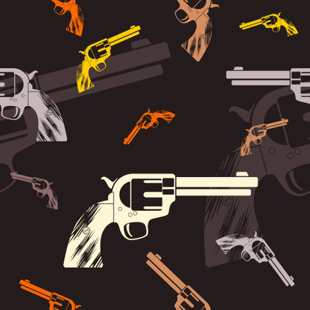 Editable Flat Monochrome Classic Vintage Revolver Gun Vector Illustration Seamless Pattern With Dark Background for Wild Western Culture Designのイラスト素材