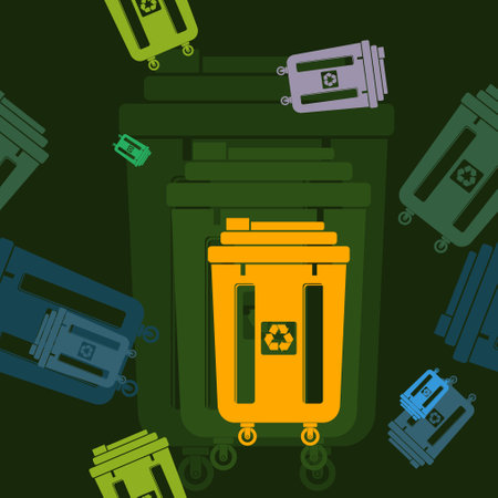 Editable Flat Monochrome Trash Bins Vector Illustration in Various Colors as Seamless Pattern With Dark Background for Cleanliness Lifestyle and Environmental Related Designのイラスト素材