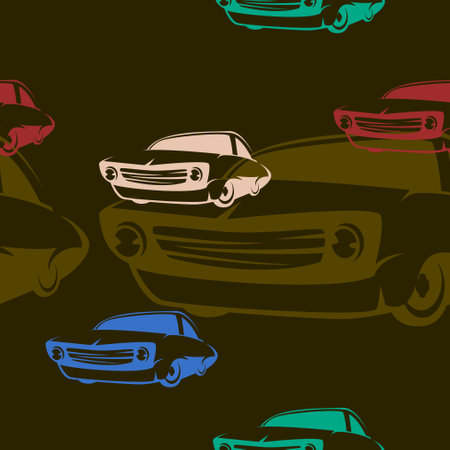 Editable Three-Quarter Oblique View Dark Background Simple Flat Monochrome Various Colors Cartoon Classic Retro Car Vector Illustration Seamless Pattern for Transportation or Hobbyのイラスト素材