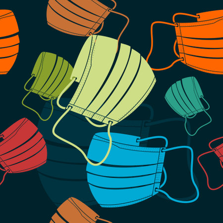 Editable Flat Monochrome Side View Shaped Medical Masks Vector Illustration in Various Colors as Seamless Pattern With Dark Background for Healthcare and Medical Related Designのイラスト素材