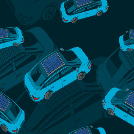 Editable Dark Background Top Oblique Side Back View Solar Panel Electric Cars Vector Illustration Seamless Pattern for Futuristic Eco-friendly Vehicle Green Life Renewable Energyのイラスト素材