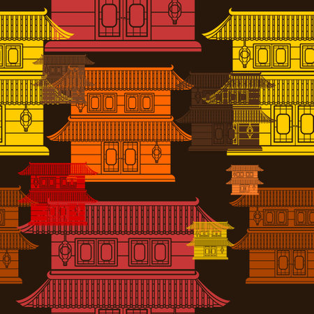 Editable Flat Monochrome Style Various Colors Two Roofs Traditional Chinese Building Vector Illustration as Seamless Pattern With Dark Background for Oriental History and Cultureのイラスト素材