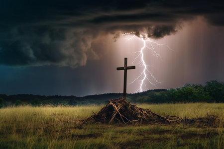 Conceptual image of a Christian cross against a dark stormy skyの素材